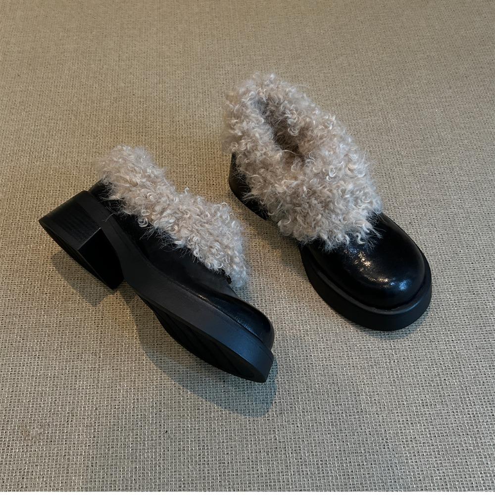 Loafers for Woman French Retro Platform Deep Mouth Plush Shoes Women's 2026 Winter New British Style Thick Heel Fashion Shoes