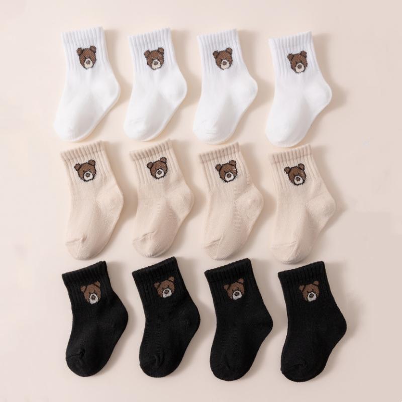 5 Pairs Cartoon Bear Pattern Baby Socks Toddler Soft Comfortable Breathable Cotton Socks Spring Autumn Kids Mid-calf Footwear