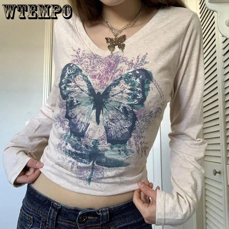 Vintage Butterfly Printed V-neck White Top Women's Spring Autumn All-match Long Sleeve Slim Casual T-Shirts Streetwear