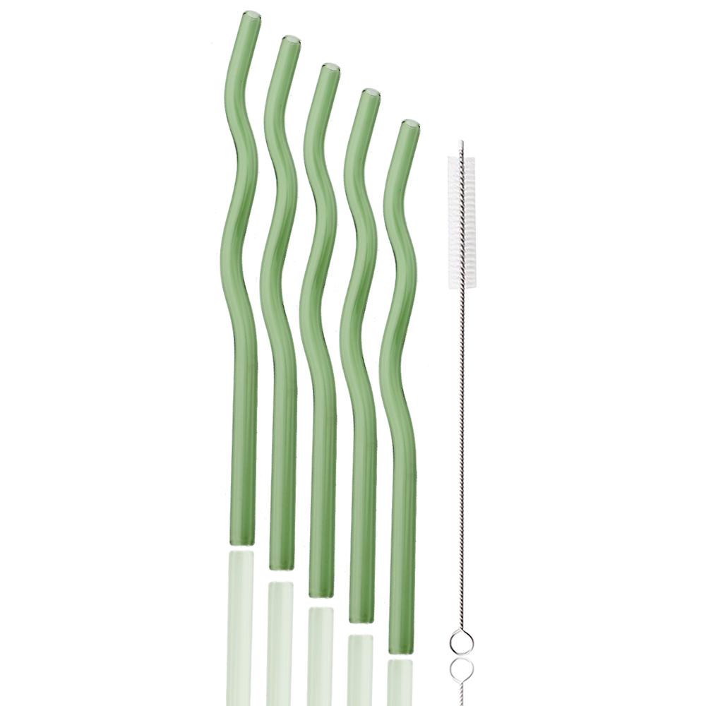 6Pcs 200*8mm Glass Straws Wavy Pink Drinking Straw Set with Brush High Borosilicate Glass Straw Kitchen Party Bar Drinkware