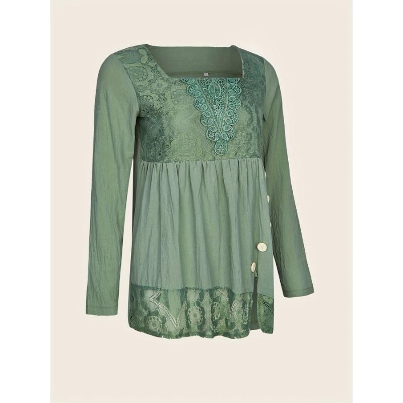 YYFS Women's Fashion Casual Spring Fall Solid Color Print Long Sleeve Square Collar Blouses & Shirts