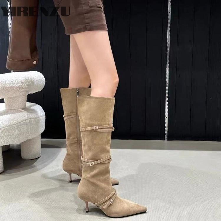 High Heels Suede Women High Boots Pointed Toe Sexy Shoes Knee High Fashion Chelsea Boots 2024 Trend Winter Pumps Botas De Mujer