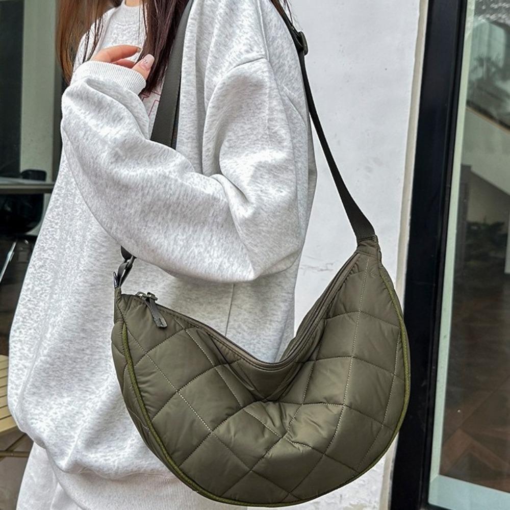 Quilted Plaid Crossbody Bag Solid Color Nylon Shoulder Bag Casual Half Moon Bag  Female