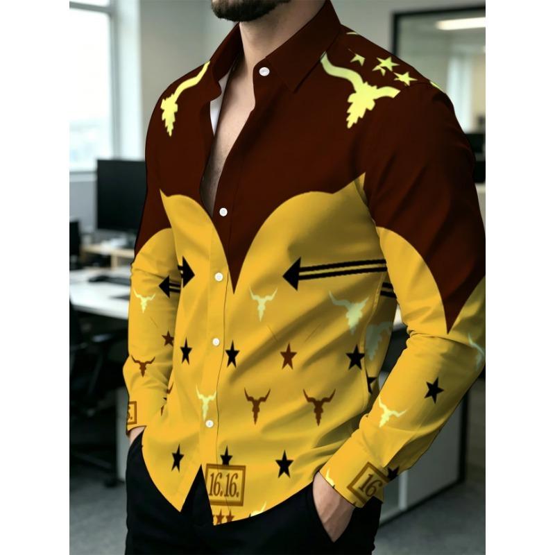New Western Style Cow Head Five Pointed Star Arrow Retro Printed Men's Lapel Casual Long Sleeved Shirt