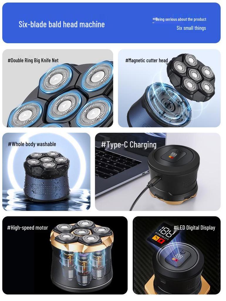 High-Power Magnetic Electric Shaver for Head & Beard with Six Blades