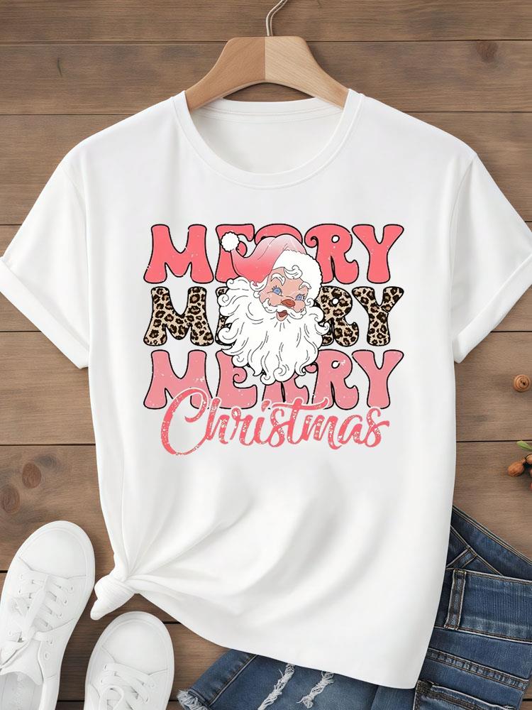 (Asian Size) Tee Top festival  Merry Christmas tree style happy  New Year Holiday Women Print Lady Short Sleeve Fashion Graphic T-shirts