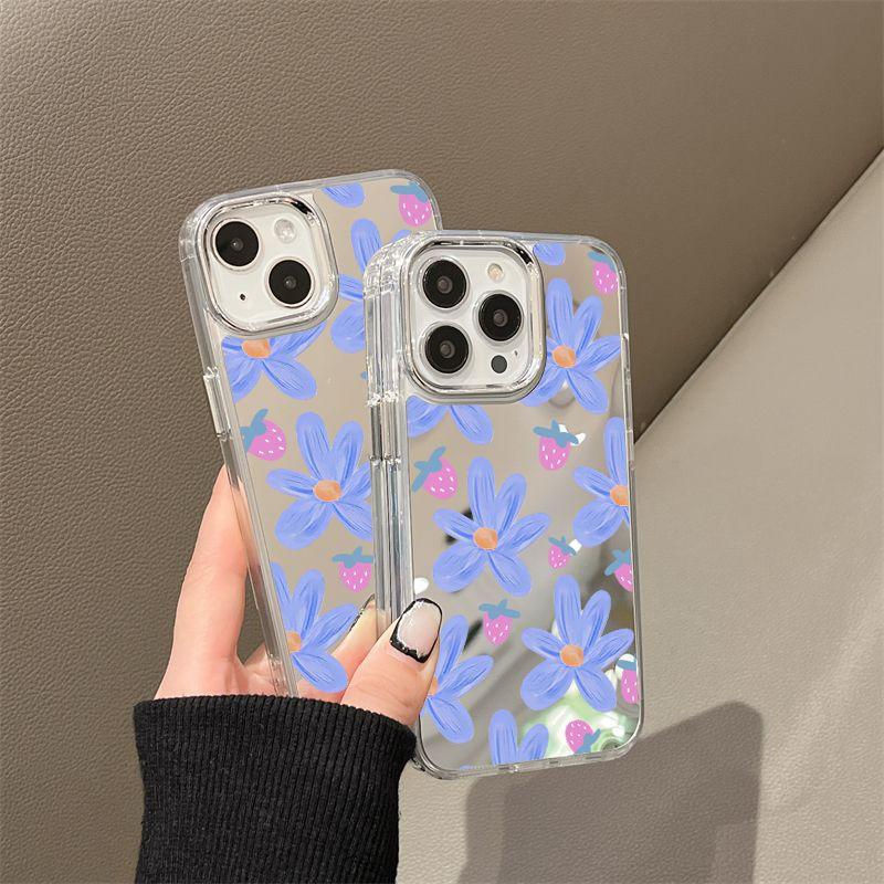 Strawberry flower mirror for iPhone17pormax mobile phone case 16pro niche x Apple 14 all-inclusive 15