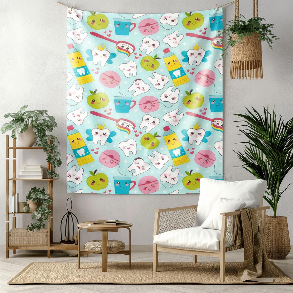 

Cute Tooth Apple Toothpaste Kids Room Wall Tapestry Machine Washable All Season Decor Print Cartoon Dental Design Home nontoxic 74x94cm(29x37in)