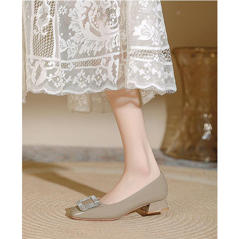 Square head high heels women's 2025 spring new rhinestone square buckle low heel red wedding shoes French light mouth single shoes thick heel