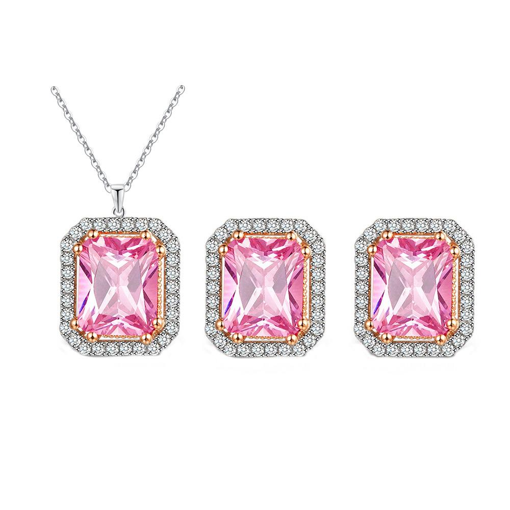 Bright Princess Pink Long Square Diamond Set Chain Electroplating Two-Color Zircon Necklace Earrings Square Diamond Color Treasure Set