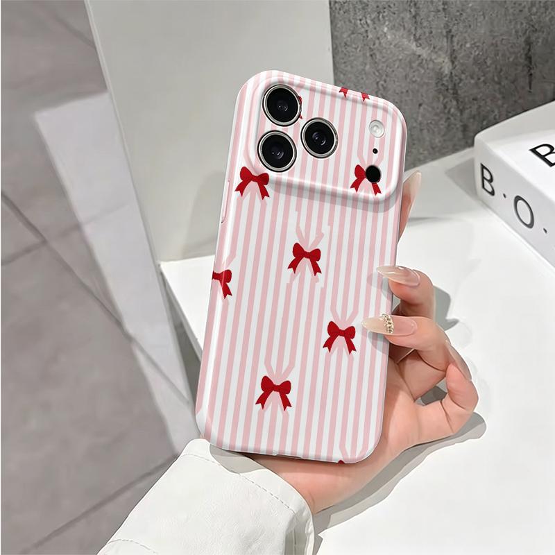 Precious Sweet Pink Striped Red Bow Pattern Film Aesthetic Protective Shockproof Bumper Phone Case For iPhone 13 14 15 16 17 Pro Max Plus