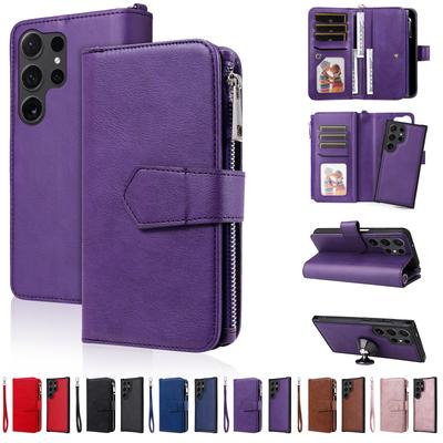 Suitable for Samsung S24 Mobile Phone Leather Case iPhone15 Solid Color Zipper Magnetic Suction Two-in-one Multi-function Wallet Case