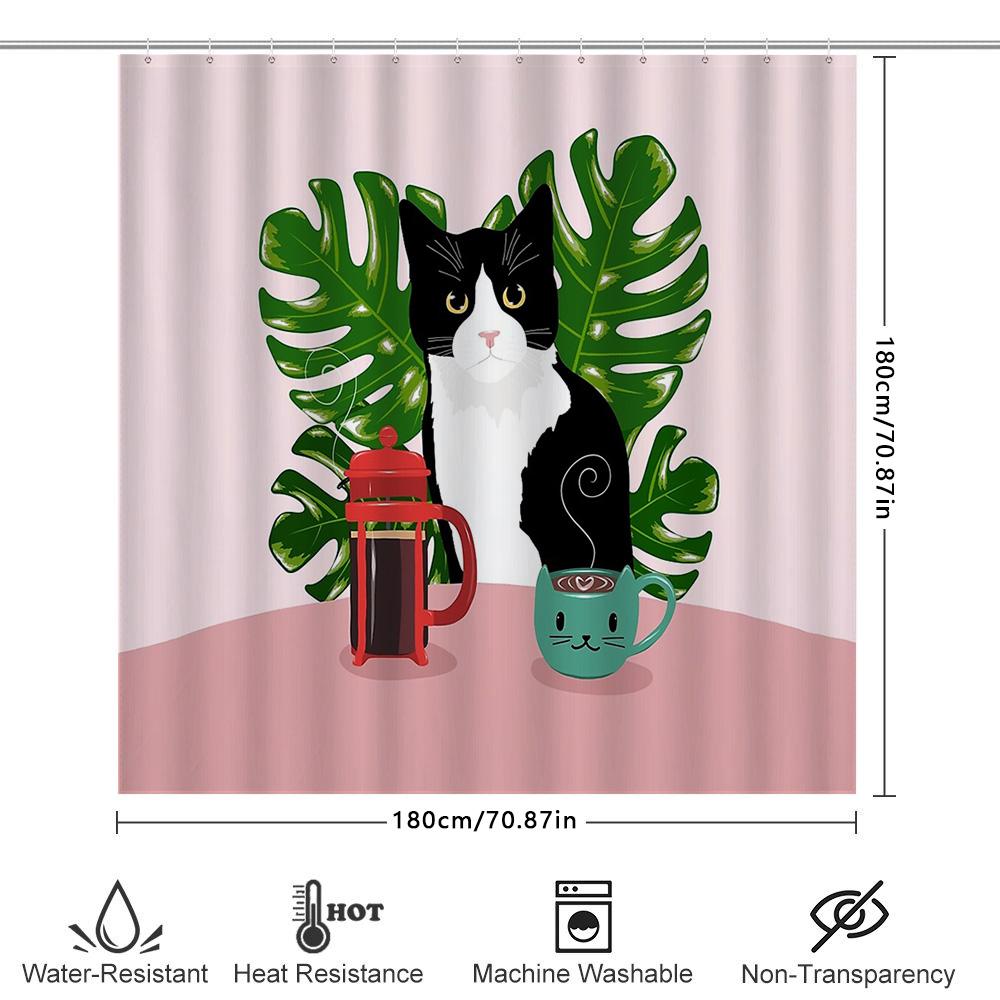Cat Plant Pattern Shower Curtain Tropical Leafy Greenery Bathroom Decor Waterproof Fabric Liner Vintage Style Home Textile
