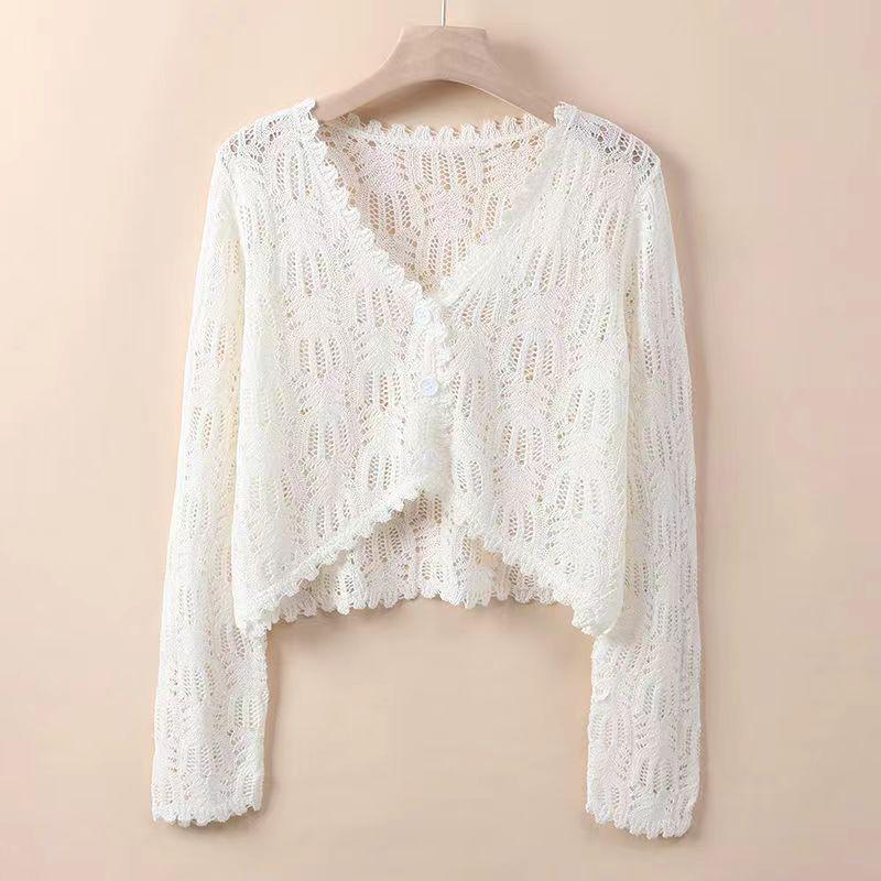 

Thin Long Sleeve Crochet Knit Cardigan - Short, Slimming, Sun Protection Shawl for Spring/Summer 2025 Women’s Fashion One size (Recommended for 90-125 jin) белый