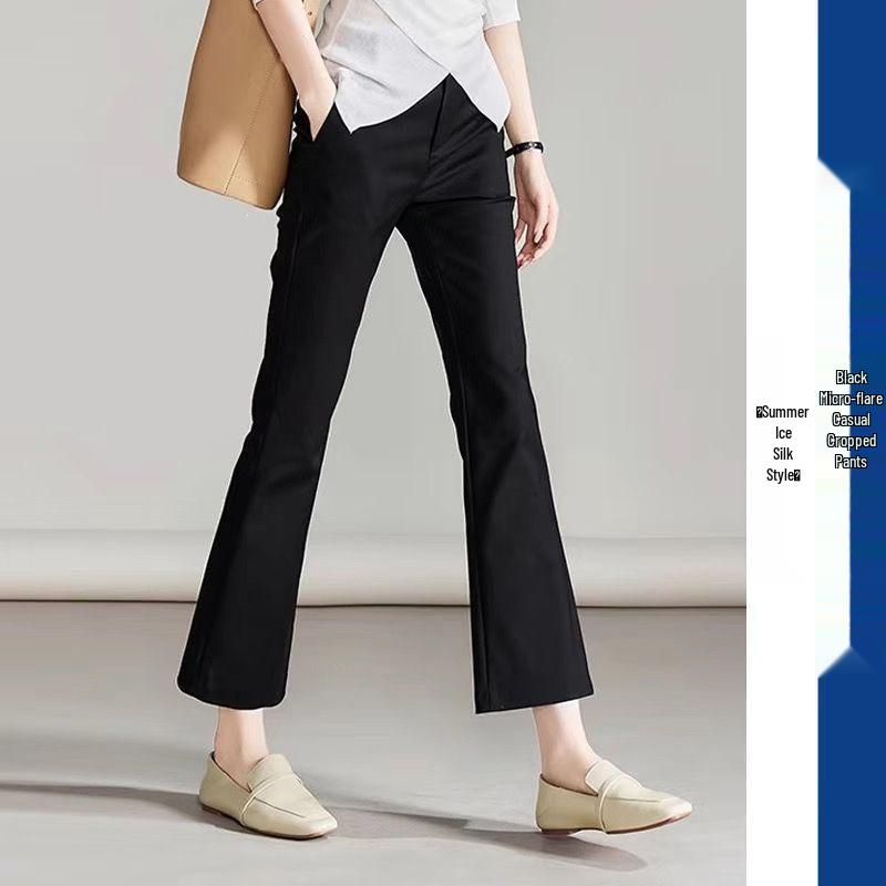 

Women s 2026 Summer Black Ice Silk High-Waist Flare Pants: Lightweight, Elastic, Casual Fit for Pear Shapes S (85-95 jin)