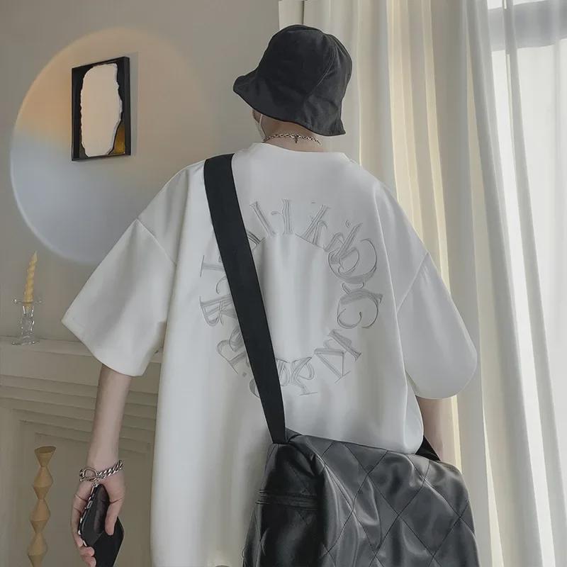 Men's Trendy Oversized Gray Suede T-Shirt, Short-Sleeve, Round Neck, Niche Heavyweight Design