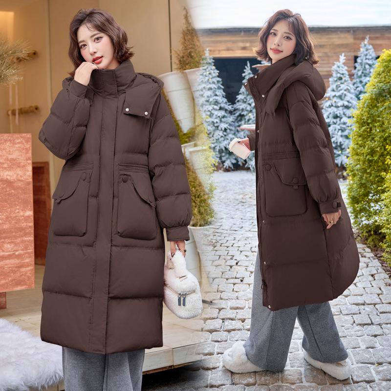 Women's High-End Extra Long White Duck Down Hooded Coat with Large Pockets - YJ6852
