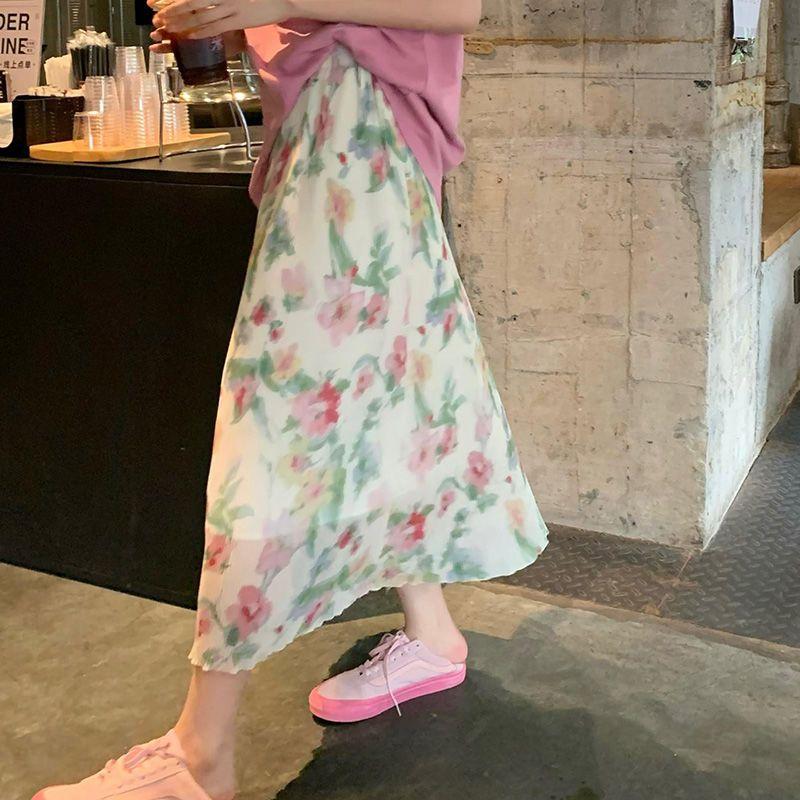 Falda de longitud media de temperamento suave para mujer, falda ajustada de cintura alta con flores trituradas, talla grande