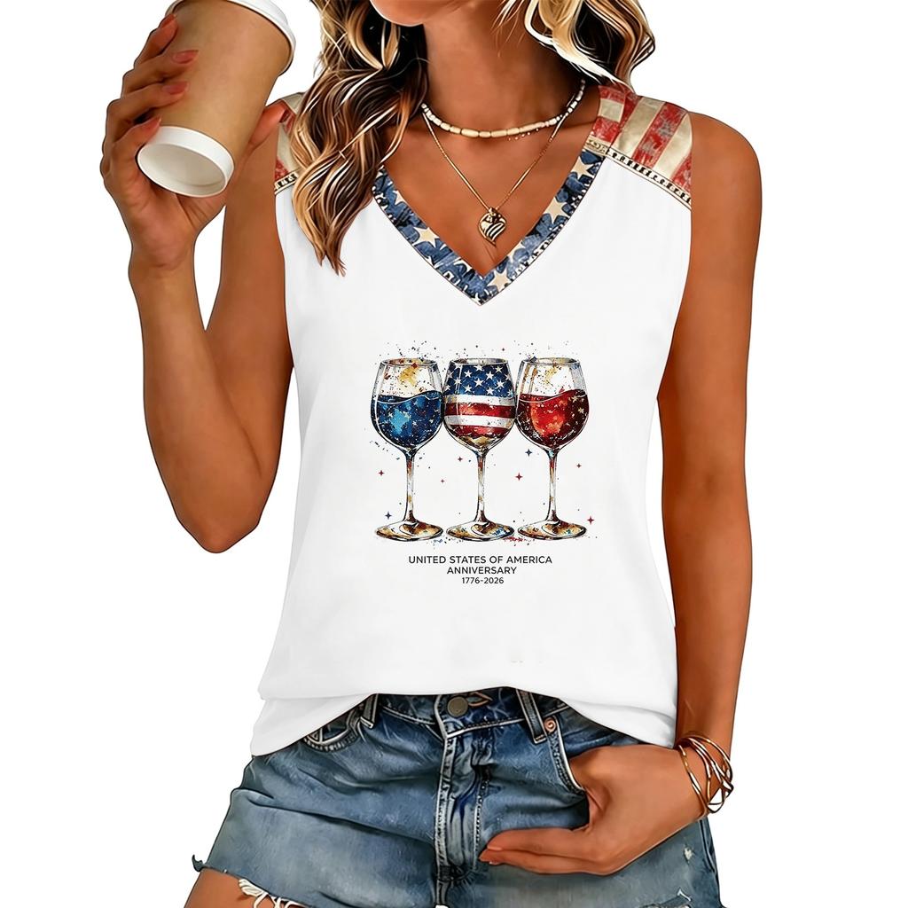 Women’s V Neck Sleeveless Casual Independence Day Butterfly Print Top Patriotic Holiday Tank Shirt for Summer Outings
