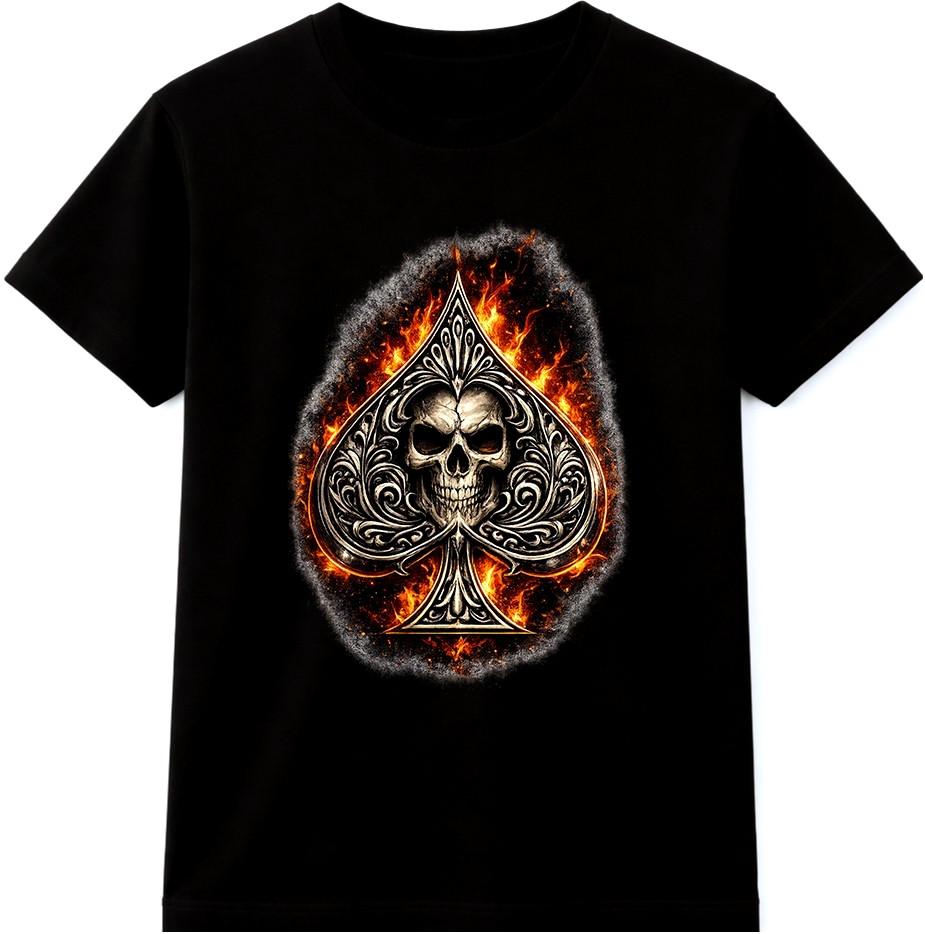 Skull Spade T Shirt Flaming Gothic Biker Tattoo Playing Card Graphic Tee S разноцветный