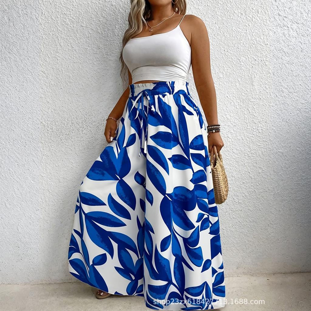 Women’s Loose Fit Printed Wide Leg Palazzo Pants with Elastic Waistband and Flowing Skirt Style Comfortable Design