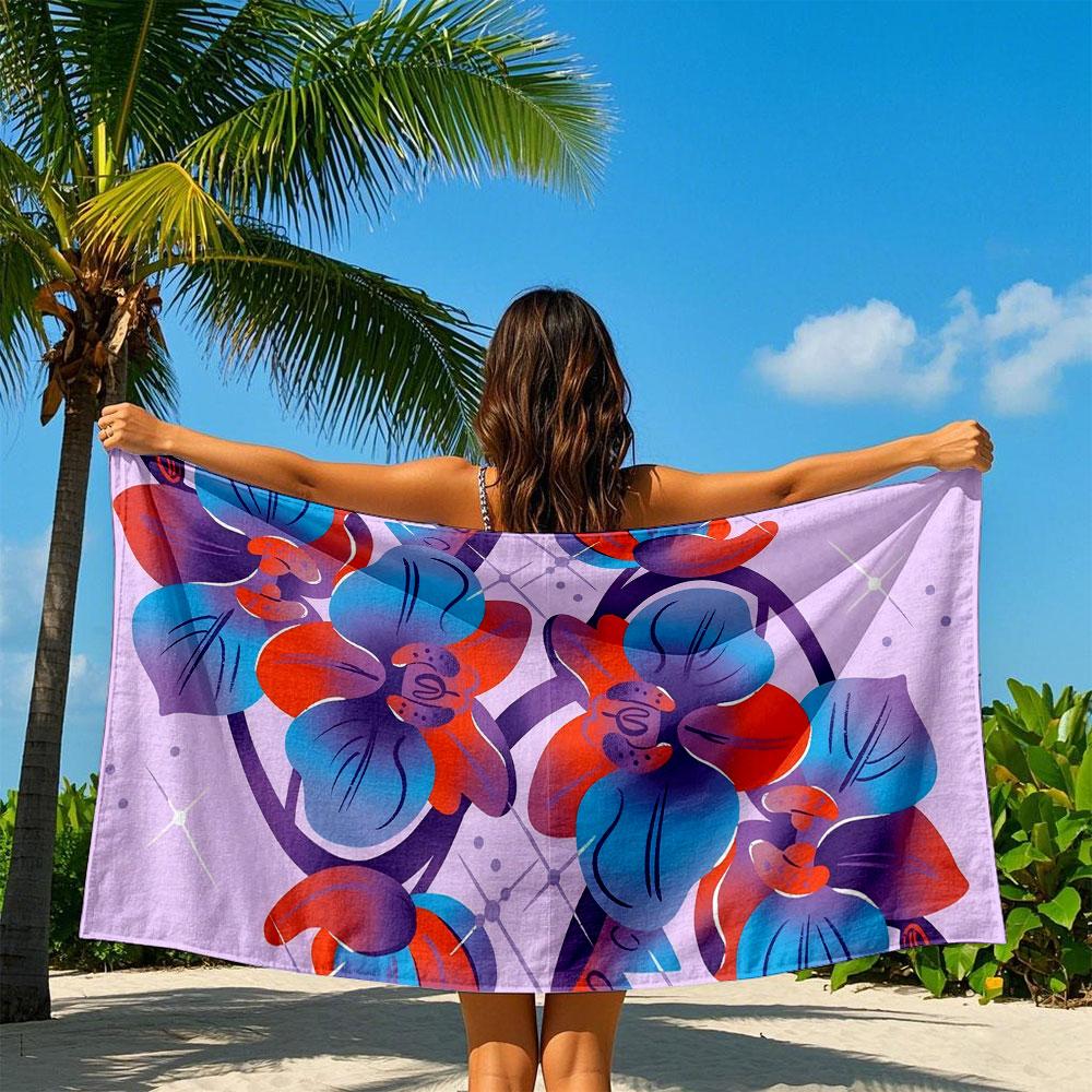 Blue and Red Orchid Illustration Quick Drying Bath Towel Microfiber beach towel light weight swimming camping yoga beach out