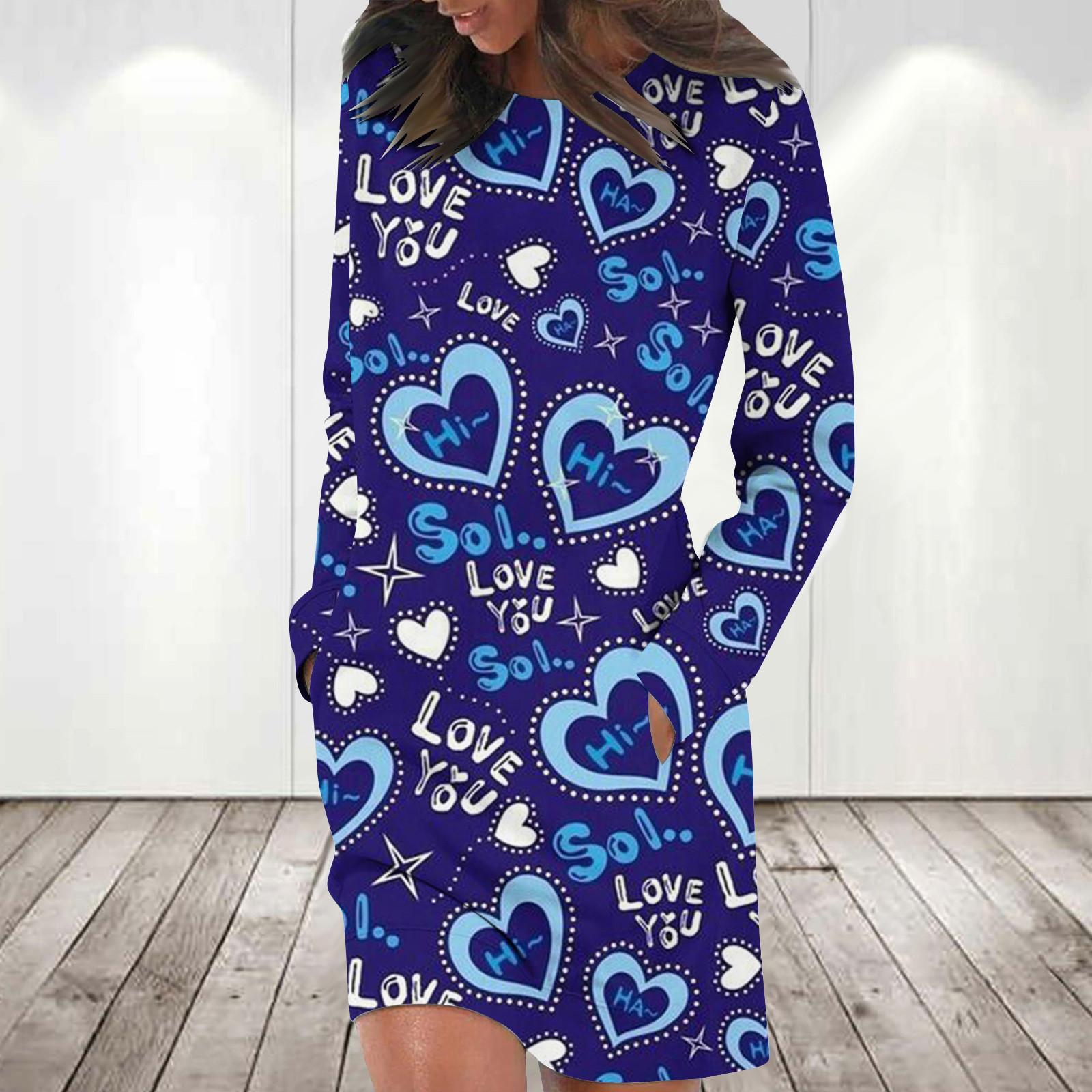 

Платье с длинным рукавом для женщин, повседневный пуловер с принтом, платье-свитер, осень L синий