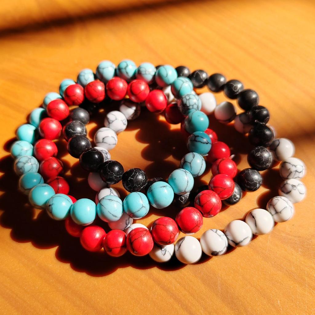 Single Natural Stone Beaded Elastic Bracelet | Turquoise/Red/White Marble Pattern Gem Wristband, Suitable for Daily Wear, Vintage and Simple Style