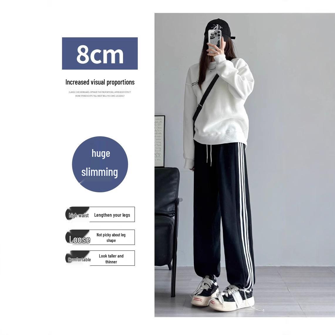 

Petite Women s High-Waisted White/Gray Striped Fleece-Lined Joggers - Autumn/Winter L (111-120 lbs)