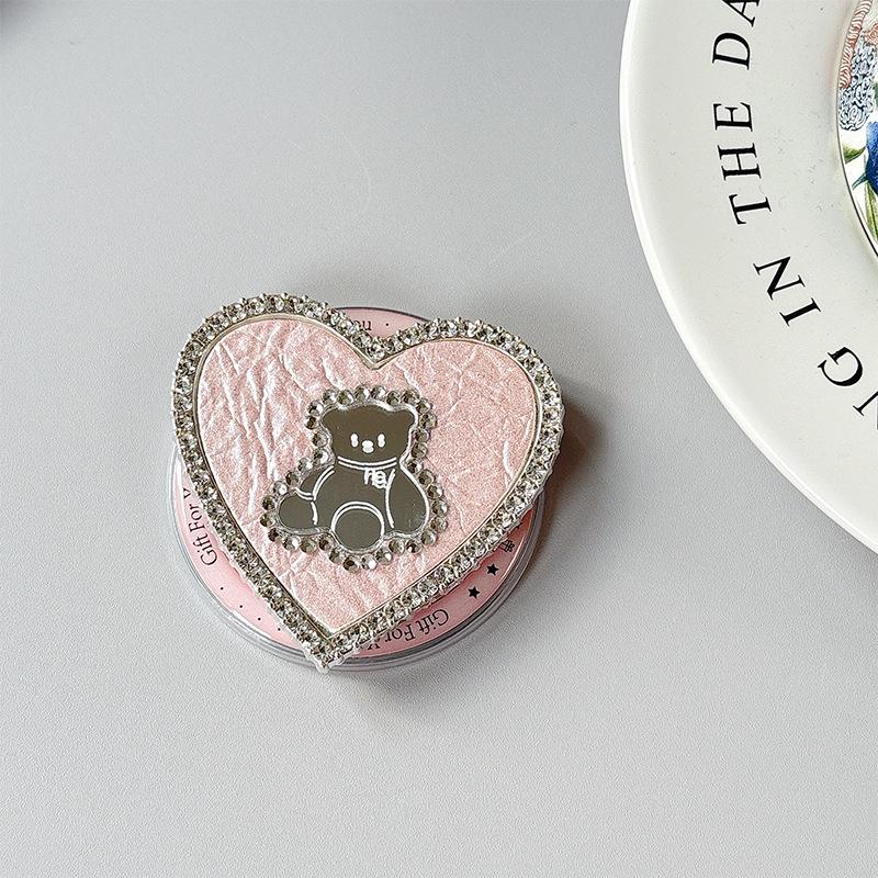 Heart-Shaped Luxury Bear Mirror Leather Phone Holder & Magnetic Ring