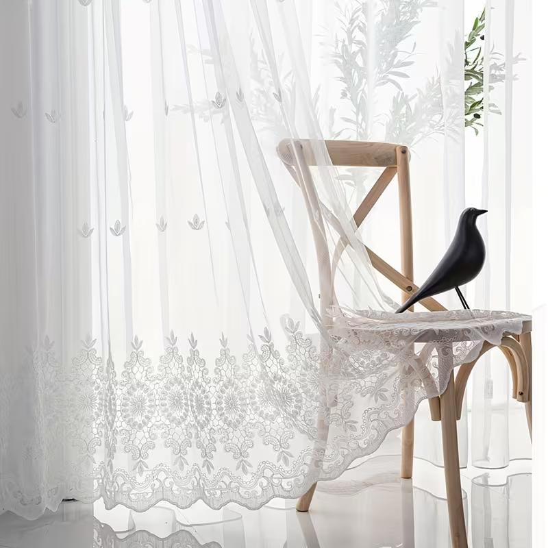 Europese Paleis Geborduurde Doorzichtige Gordijn 3D Reliëfpatroon Transparant Lichtfilterend Woondecoratie Raambekleding 1pc W132xL213 cm&Rod pocket wit
