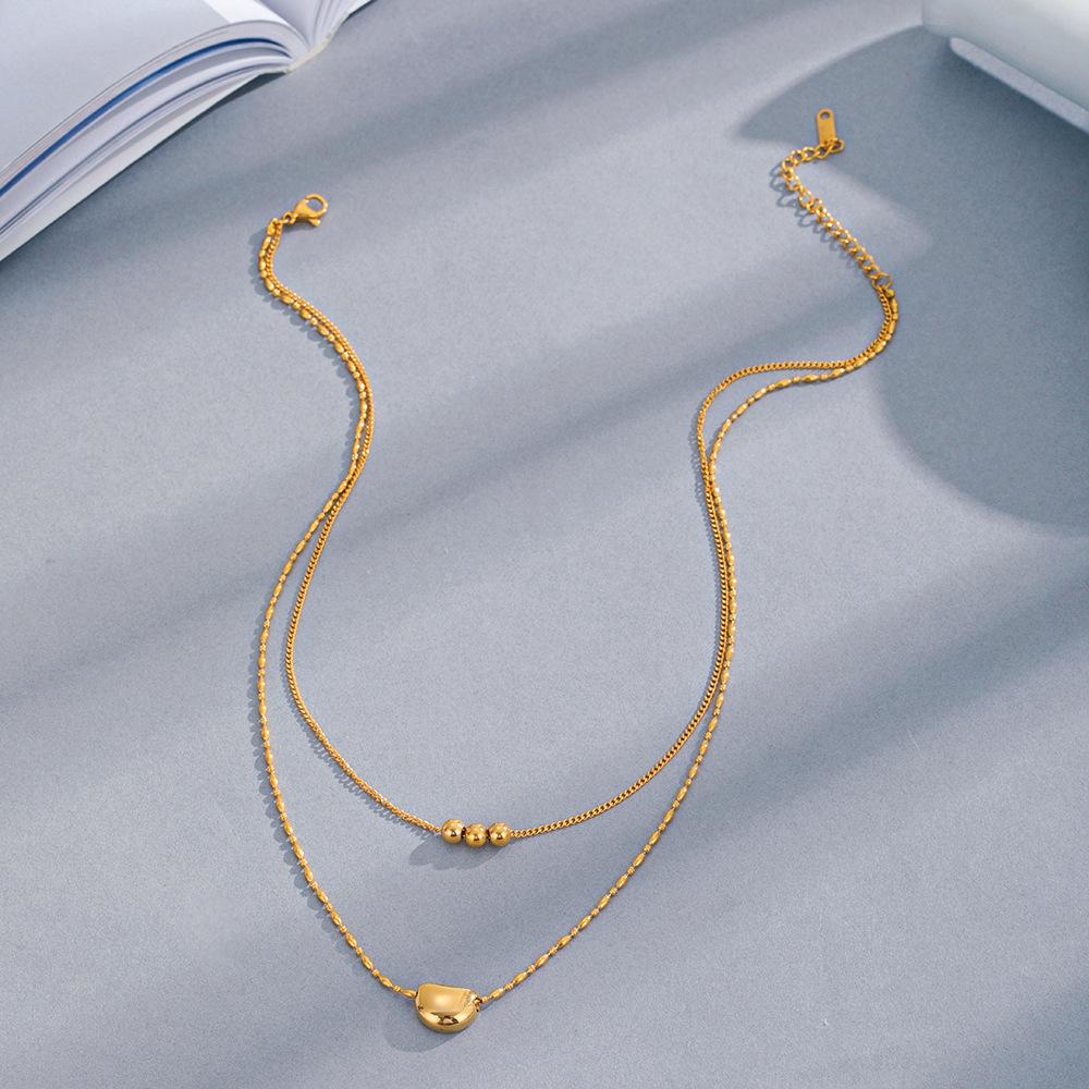 Double Moon Pendant Necklace Women's 18k Gold Plated Niche Design Round Beads 3 Round Beads Stainless Steel Necklace Tide