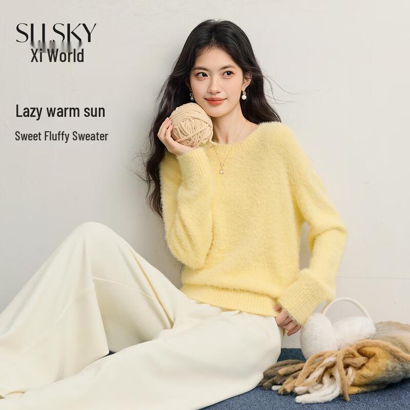 SLLSKY Damski słodki żółty luźny sweter z dzianiny
