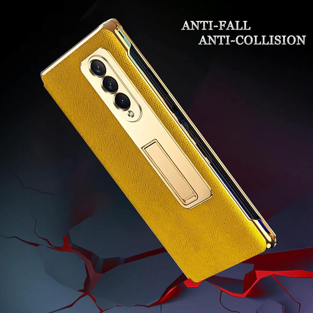 NINKI Luxury Gold Leather Hybrid Plating PC Case for Samsung Galaxy Z Fold3 5G, Shock Proof Protector Case with Stand, Compatible for Galaxy Z Fold3
