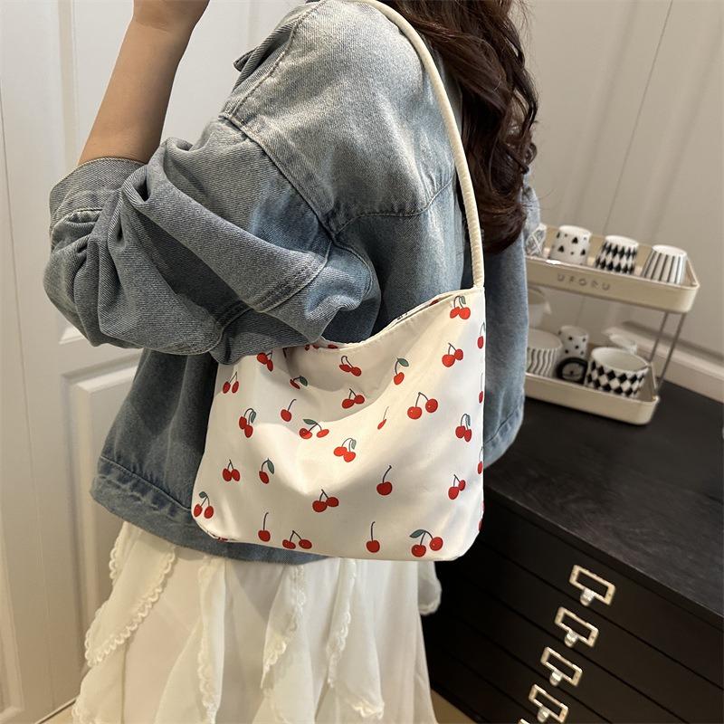 Cherry Print New Large-capacity Student Commuter Bag Niche Design Shoulder Messenger Women's Bag