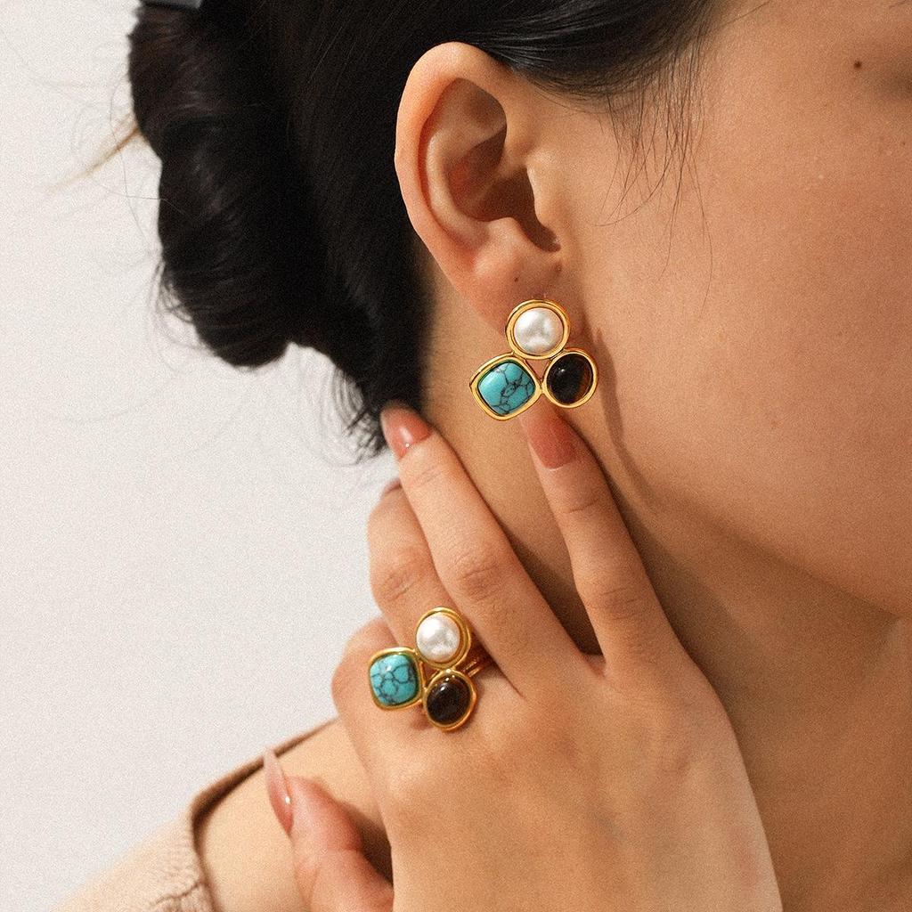 Stainless Steel Natural Stone Turquoise Earrings: High-End Niche Titanium Steel Jewelry