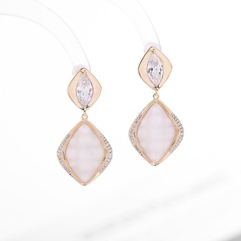 Statement Rhombus Opal Earrings for Female Fashion Wedding Jewelry Cubic Zirconia Crystal Dangle Temperament Stud Earings