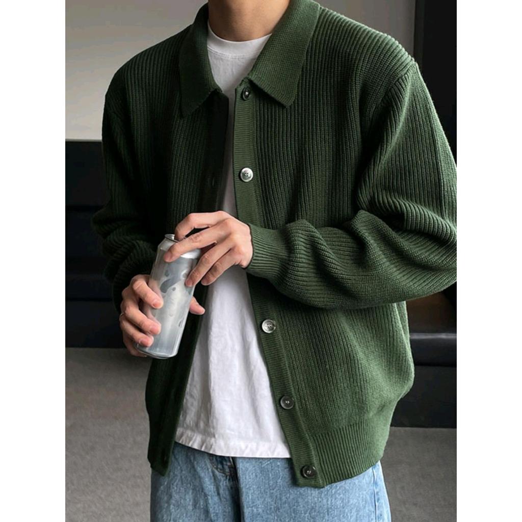 Men's Korean Style Casual Dark Green Knitted Cardigan Sweater