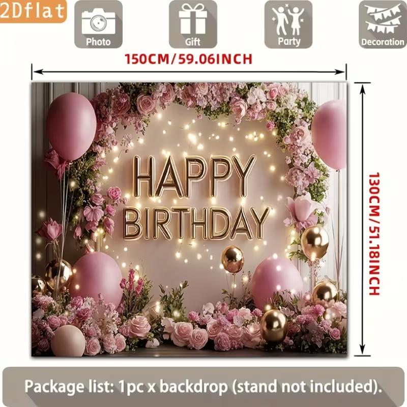 2D Pink Floral Happy Birthday Backdrop for Women/Girl Birthday Party Decoration