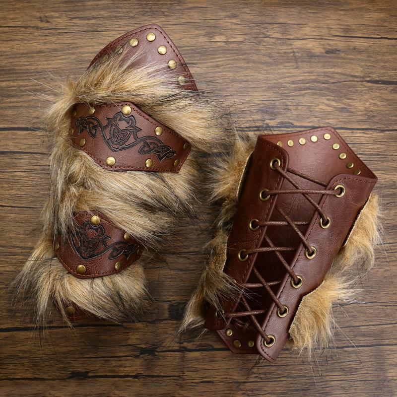 Faux Leather Wrist Guards Medieval Steampunk Arm Bracers with Fur Armor for Halloween Cosplay Costume Props Accessory