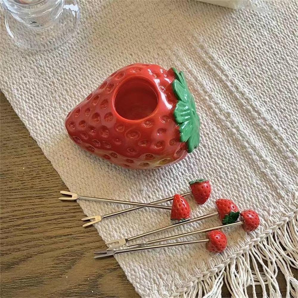 

Stainless Steel Fruit Fork Storage Jar Strawberry Shape Household Use Fruit Fork Set of 5 Fruit Forks