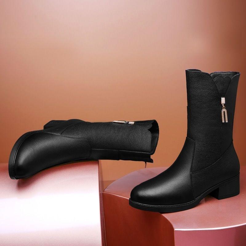 Heel Martin Boots Women's 2025 Winter New Fleece Warm Medium Boots Medium Heel Black Mom Leather Boots Knight Boots