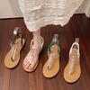 Fashion Beige Heeled Sandals Low-Heeled Shoes With Strap Large Size 2025 Women's Flip Flops Platform Black Low-heeled Girls Big Rhinesto