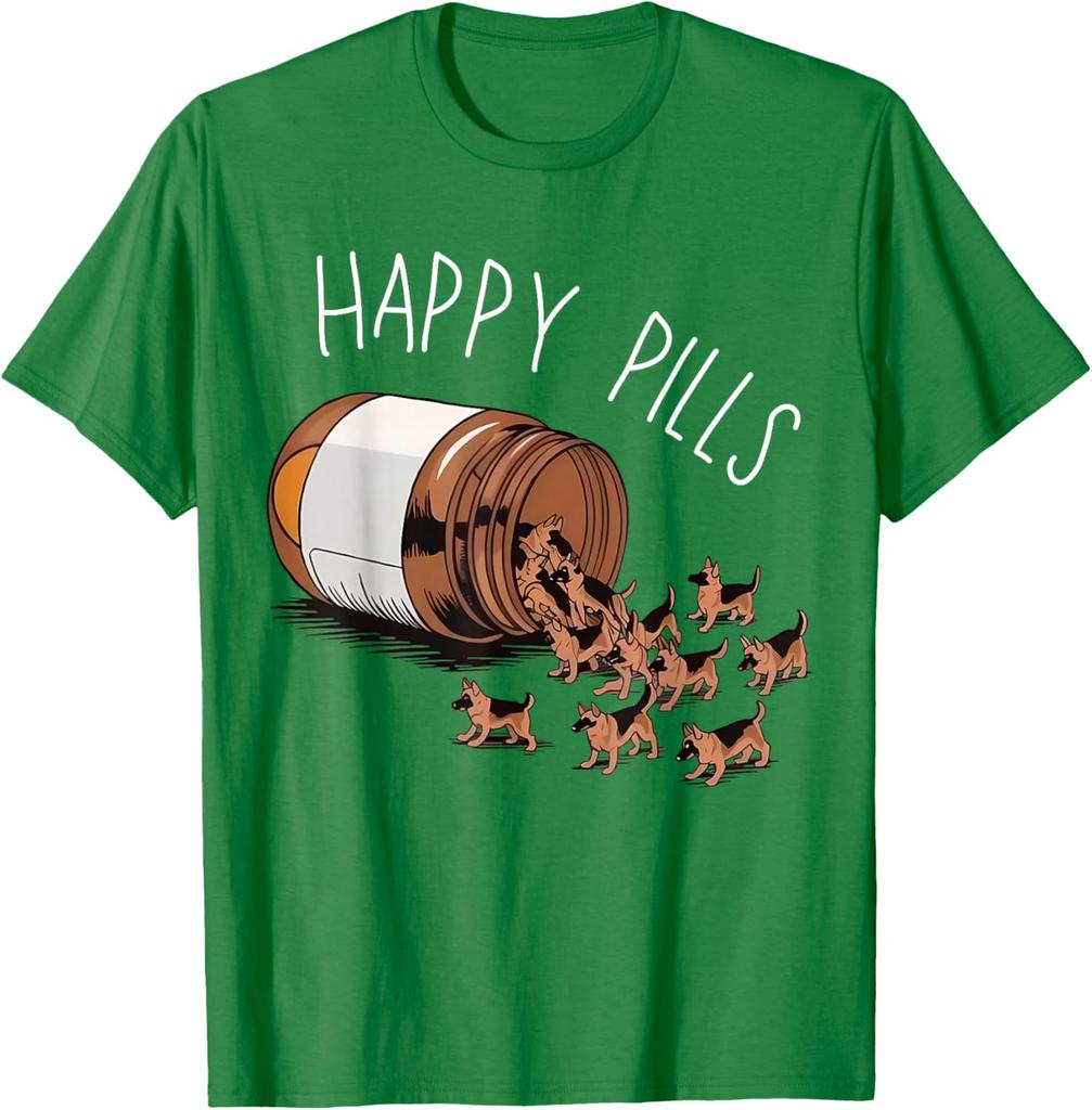Happy Pills German Shepherd Dog Lovers Graphic Print TShirt Casual Wear Cotton Tee