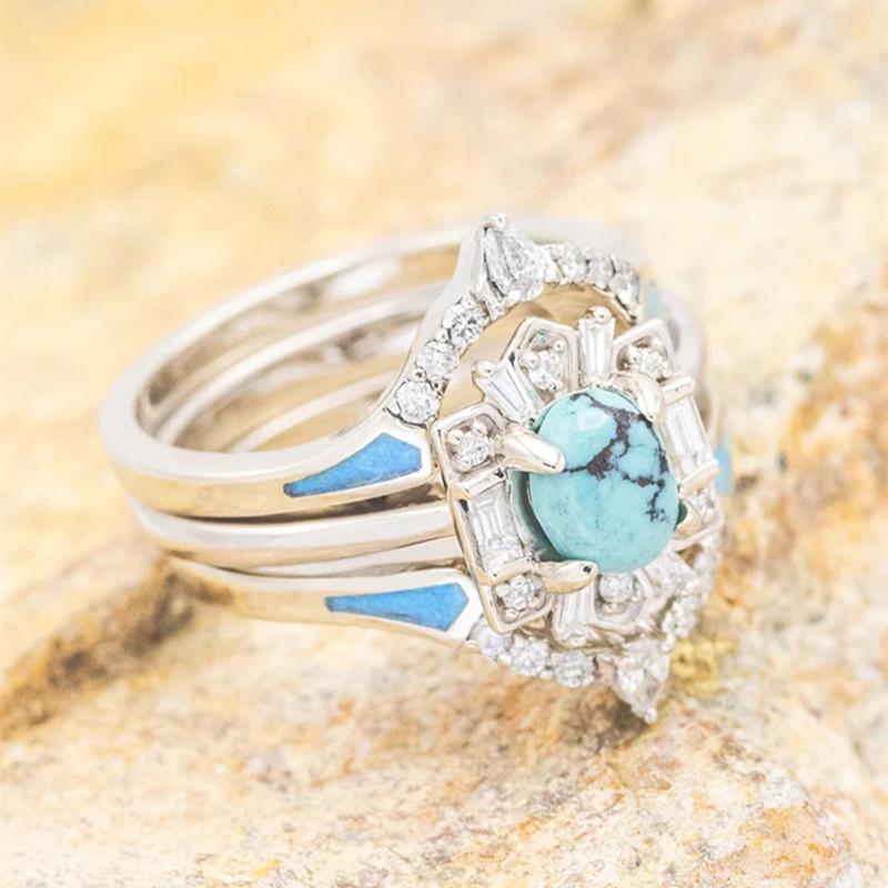 

Huitan Imitation Turquoise Rings Bohemia Style Wedding Band Accessories Luxury Cubic Zirconia Ring Aesthetic Blue Enamel Zircon 6