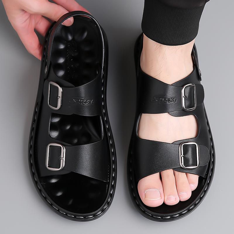 Fashion High Quality Men Comfortable Soft Sole Two-layer Leather Buckle Slippers Fashionable Summer New Outdoor Anti Slip Water Sandals