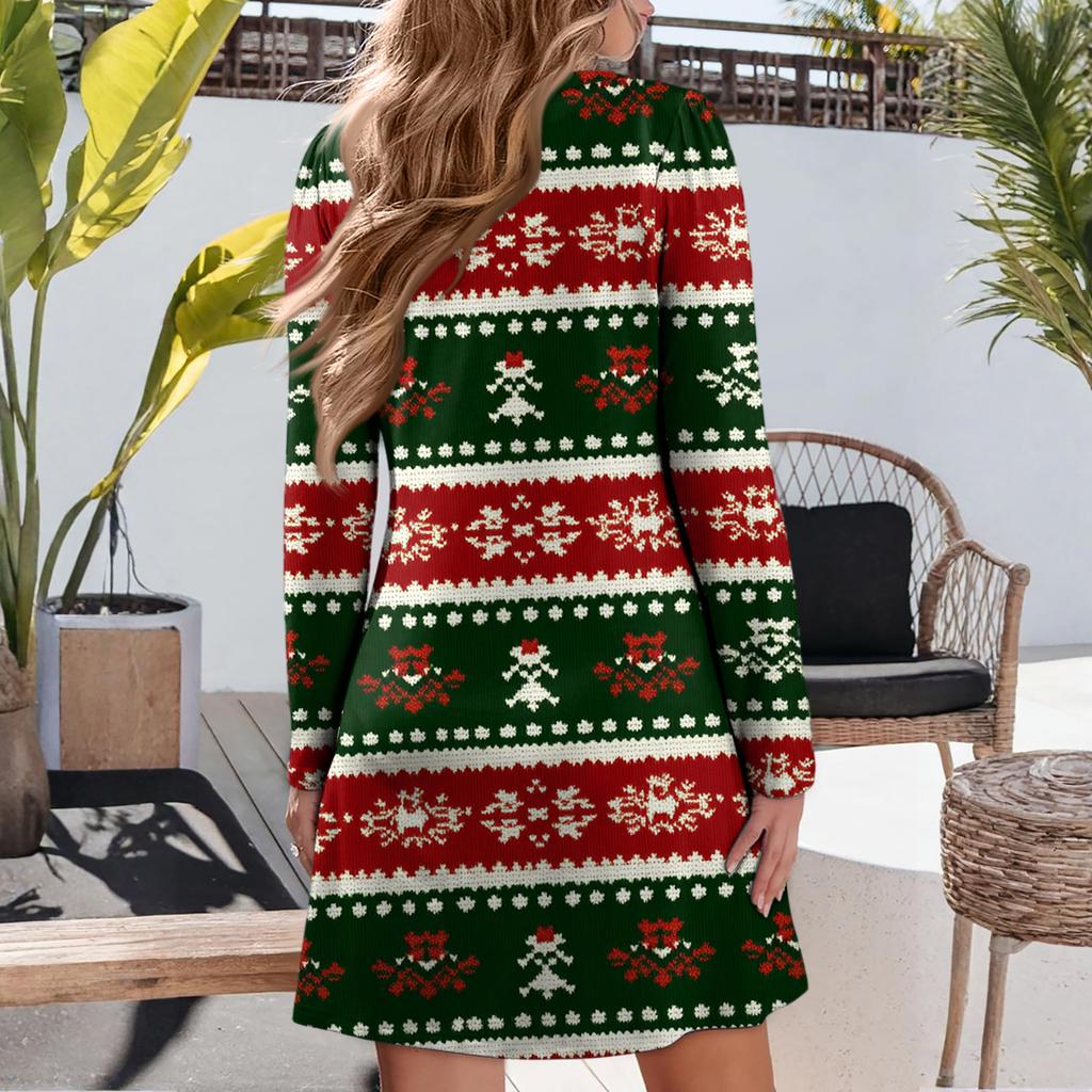 Dámské vánoční šaty s potiskem Volné šaty s výstřihem do V a dlouhým rukávem pro volný čas