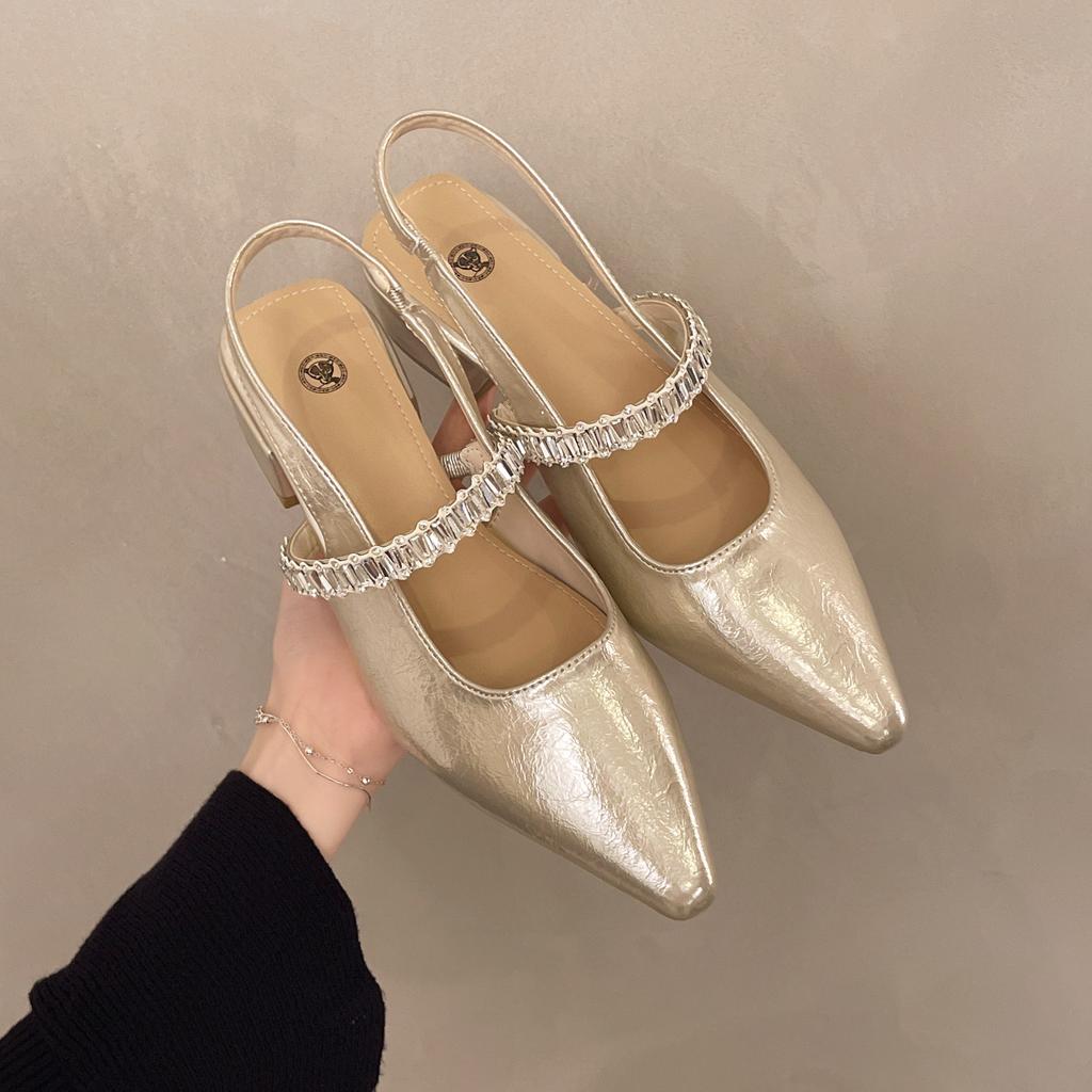 One word with rhinestone sandals women's summer new bag head half drag thick heel shoes pointed single shoes women's outer wear