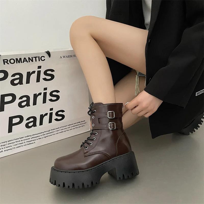 Fashion Lace-up Combat Women Ankle Boots 2024 Chunky Heel Platform Women Boots British Style Thick Sole Increase Height Casual Boots