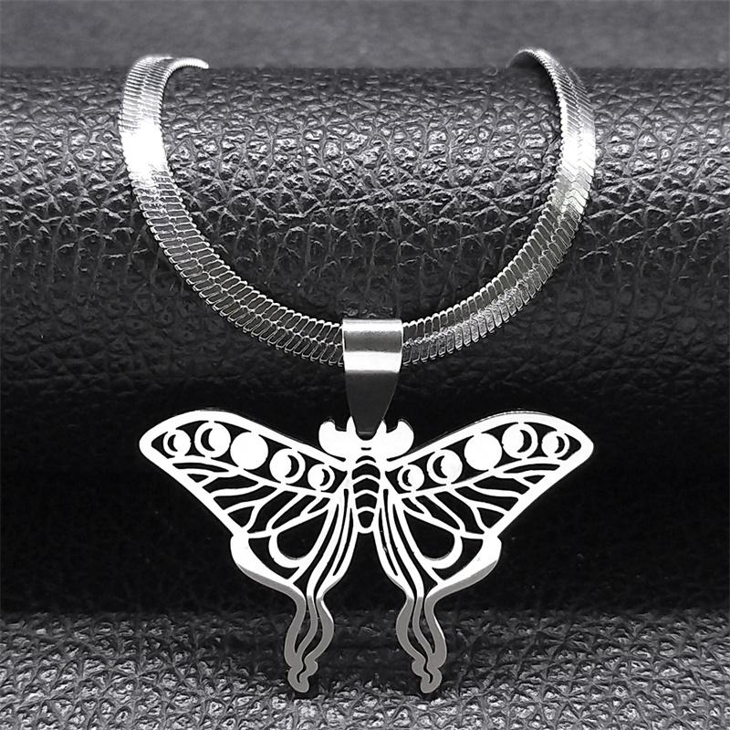 Moth Pendant Necklace Witchcraft Moon Phase Choker for Women Stainless Steel Gold Color Clavicle Chain Necklaces Jewelry N8025
